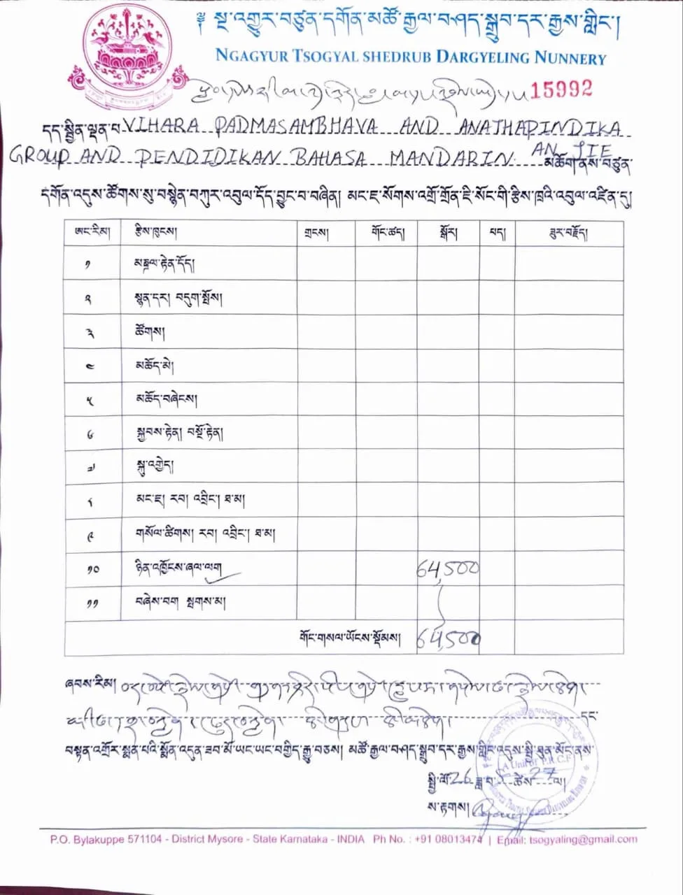 Vihara bhikkhuni Ngagyur Tsogyal Shedrub Dargyeling — persembahan makanan sehari penuh.